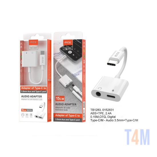 CABO ADAPTADOR DE ÁUDIO 2 EM 1 MTK TB1283 BL TIPO-C PARA 3,5MM ÁUDIO + TIPO-C PARA CARREGAR 0,15M BRANCO